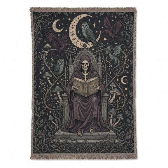 Gothic Occult Skull and Owl Black Gray Woven Throw Blanket, Woven Cotton with Fringed Edges, Dark Academia Living Room Decor