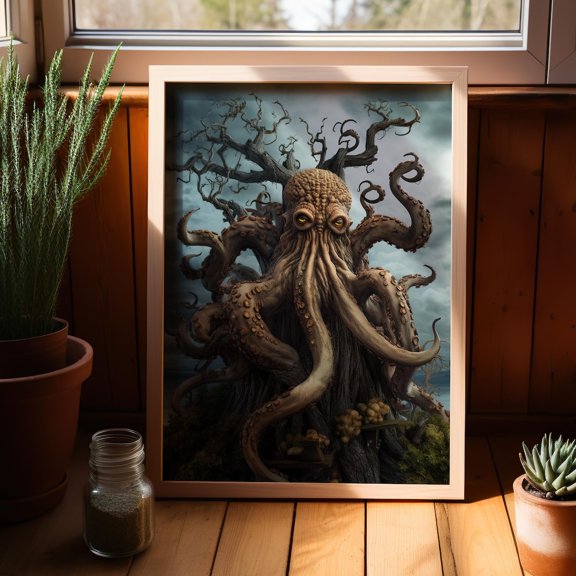Gothic Octopus Tree Wall Art Dark Fantasy Decor, Stretched Canvas Size 12x18