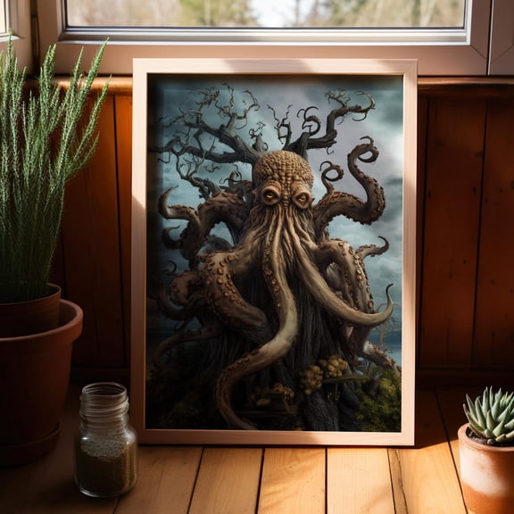 Gothic Octopus Tree Wall Art Dark Fantasy Decor, Stretched Canvas Size 16x24