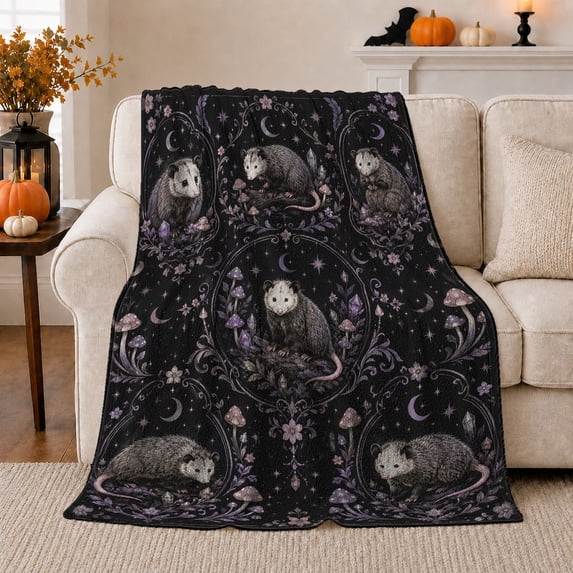 Gothic Opossums In Botanical Frames for Gothic Animal Enthusiasts, Gothic Botanical Animal Illustration Home Decor for Living Room and Bedroom, Halloween Gift with Cozy Flannel Blanket