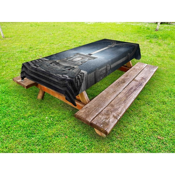 Gothic Outdoor Tablecloth, Altar on Checkered Floor in Scary Hazy Winter Forest Spiritual Scenery Illustration, Decorative Washable Fabric Picnic Tablecloth, 58 X 104 Inches, Blue Grey, by Ambesonne