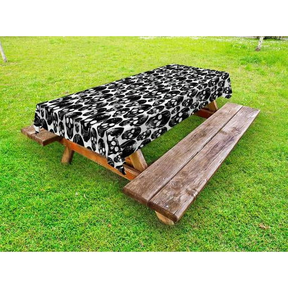 Gothic Outdoor Tablecloth, Grunge Black Human Skulls on White Backdrop Evil Men Fear Horror Death Skeleton, Decorative Washable Fabric Picnic Tablecloth, 58 X 120 Inches, Black White, by Ambesonne