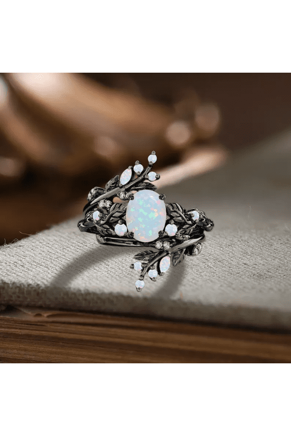 Gothic Oval Cut White Opal Wedding Ring in 14K Black Gold Vermeil- Art Deco Leaf Bridal Band