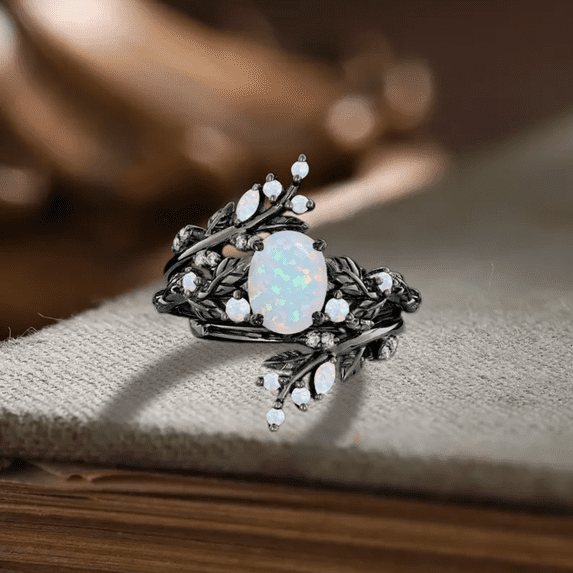 Gothic Oval Cut White Opal Wedding Ring in 14K Black Gold Vermeil- Art Deco Leaf Bridal Band