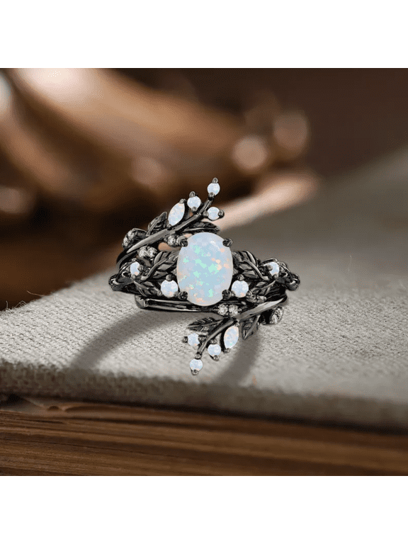 Gothic Oval Cut White Opal Wedding Ring in 14K Black Gold Vermeil- Art Deco Leaf Bridal Band