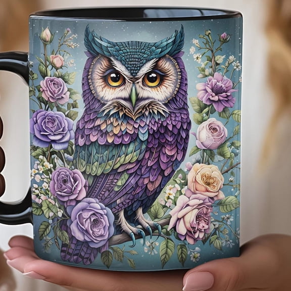 Gothic Owl Black Coffee Cup, Kitchen Decor, Unique Tea Mug, Spooky Gothic Gift, Mosaic Feather Pattern Mug, Morning Coffee, Emo Owl Mug