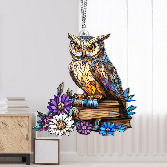 Gothic Owl Book Suncatcher, Acrylic Window Hanging Bird Home Decor