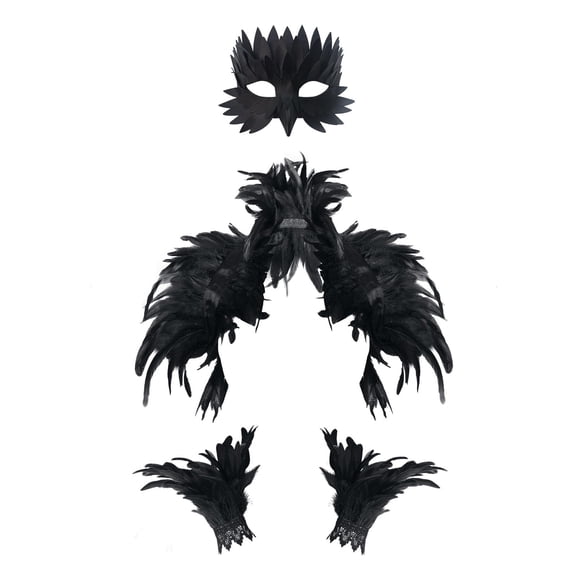 Gothic Owl Crow Mask with Feather Shawl Wrist Cuff Outfit,Halloween Raven Feathers Costume for Masquerad Party