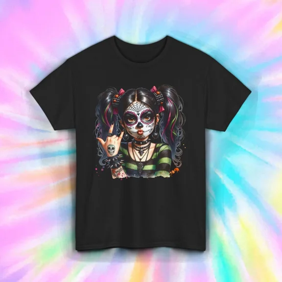 Gothic Painted Face Skeleton Girl Retro Punk Dark Aesthetic Art Unisex T-Shirt, up to size 5XL