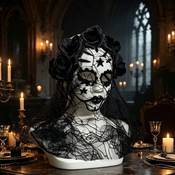 Gothic Party Mask, Black Rose Lace Eye Masquerade Mask with Long Tulle Veil, Vintage Spooky Facial Ornament Fashion Costume Supply for Halloween Party, Wedding Masquerade, Themed Cosplay Gathering