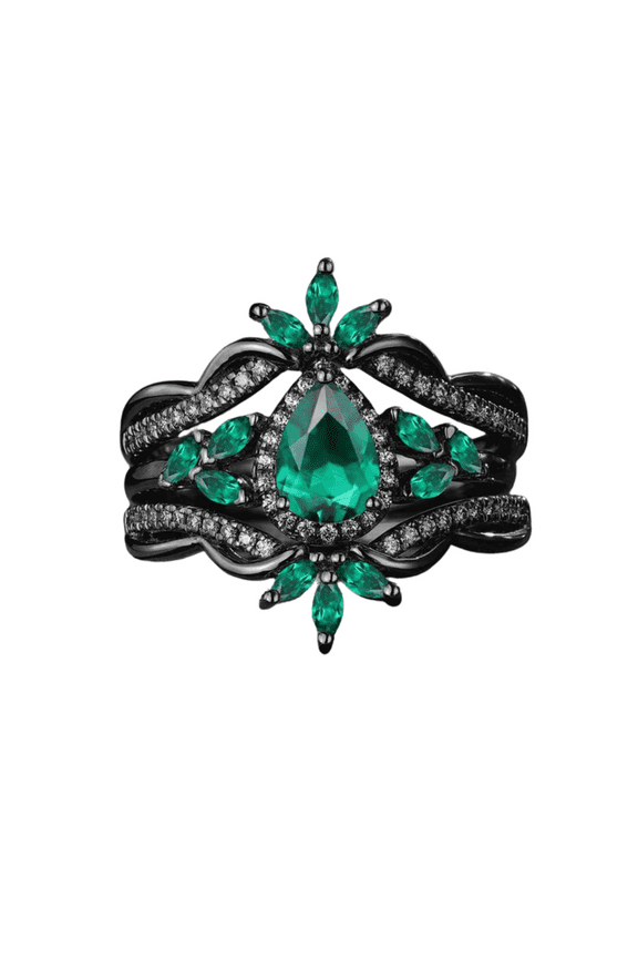 Gothic Pear Cut Emerald Wedding Ring Set Unique 14K Black Gold Vermeil Enhance Matching Curved Wedding Band For Women - May Birthstone