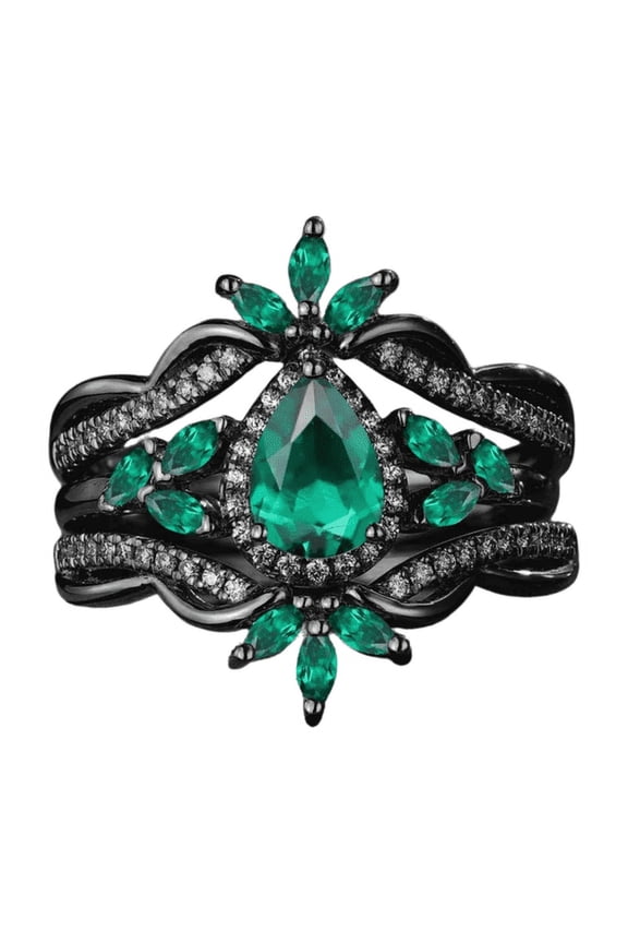 Gothic Pear Cut Emerald Wedding Ring Set Unique 14K Black Gold Vermeil Enhance Matching Curved Wedding Band For Women - May Birthstone