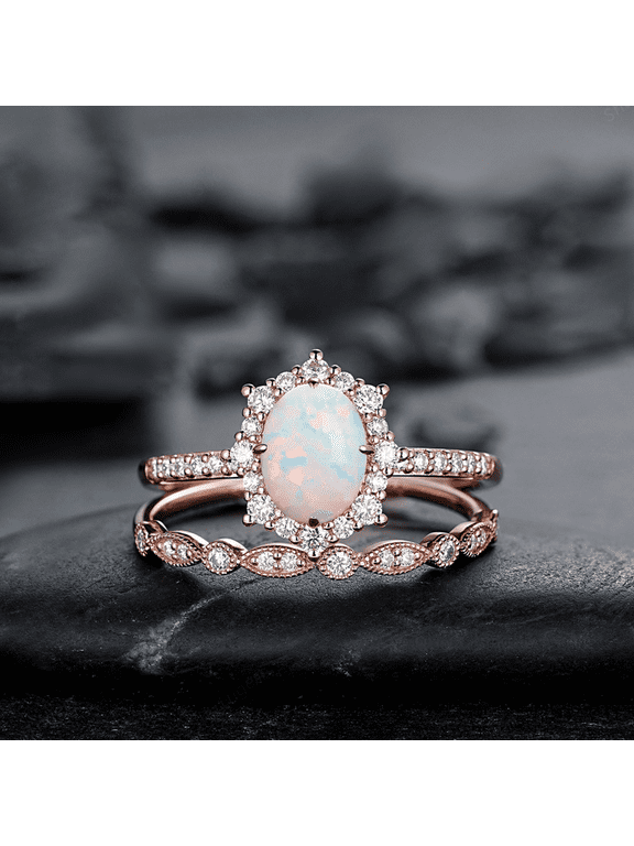 White Fire Opal and Diamond Engagement Ring Set in 14K Rose Gold Vermeil- Unique Oval Cut Opal Halo Promise Ring Bridal Set