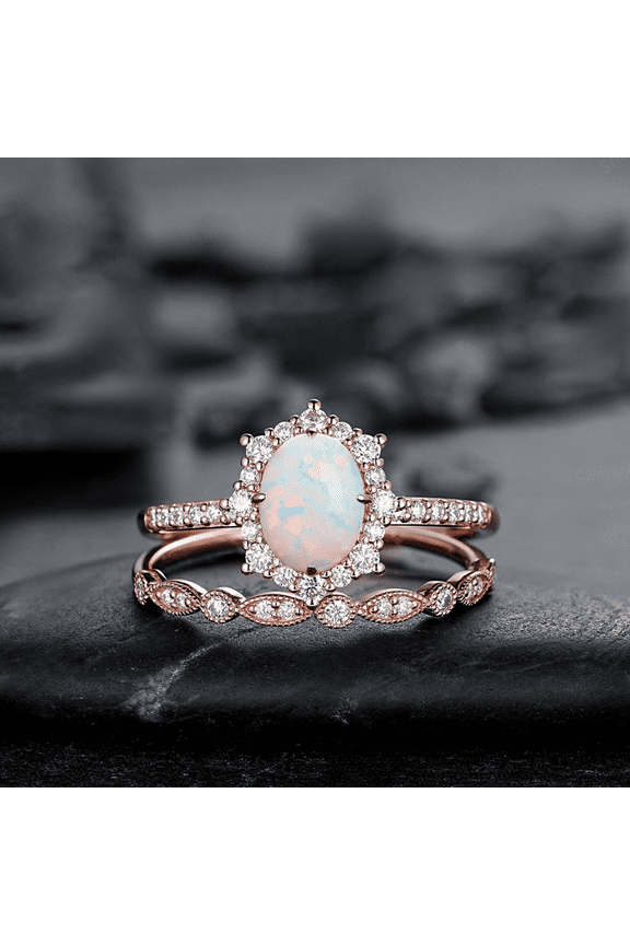 White Fire Opal and Diamond Engagement Ring Set in 14K Rose Gold Vermeil- Unique Oval Cut Opal Halo Promise Ring Bridal Set