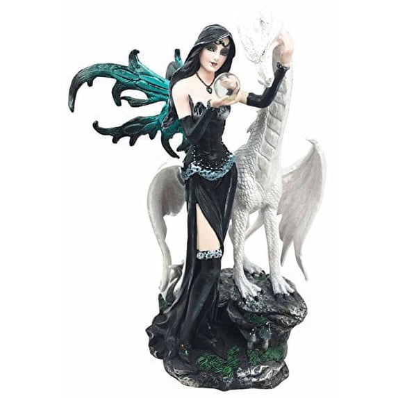 Gothic Pearl Visionary Fairy Strolling With Solar Viserion Dragon Pet Figurine Decor Sculpture