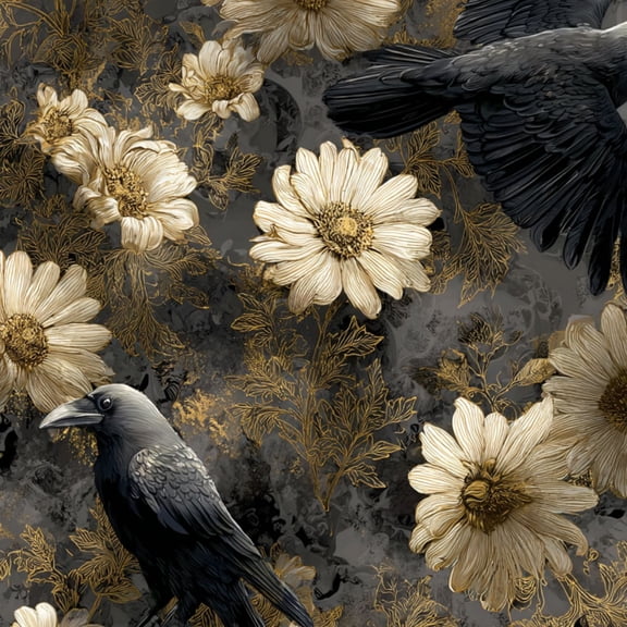 Gothic Peel and Stick Wallpaper Black Crows Golden Daisies Floral Dark Wall Mural 23.6in x 9.8ft Self Adhesive Removable Wall Paper Renter Friendly Wallpaper for Nursery Bedroom Cabinets