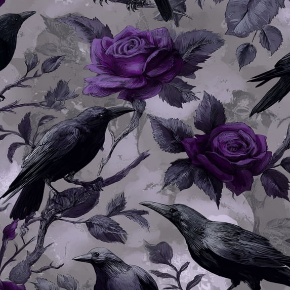 Gothic Peel and Stick Wallpaper Black Ravens Purple Roses Floral Gray Wall Mural 17.7in x 9.8ft Self Adhesive Removable Wall Paper Renter Friendly Wallpaper for Nursery Bedroom Cabinets