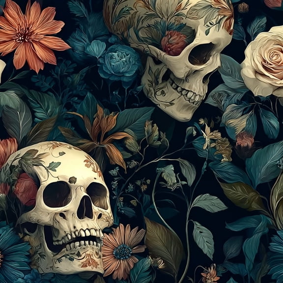 Gothic Peel and Stick Wallpaper Floral Skull Dark Botanical Gothic Style Wall Mural 17.7in x 9.8ft Self Adhesive Removable Wall Paper Renter Friendly Wallpaper for Nursery Bedroom Cabinets