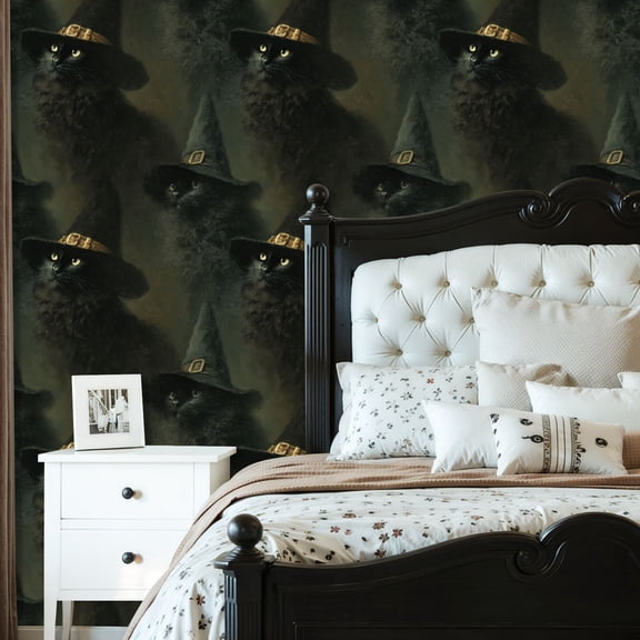 Gothic Peel and Stick Wallpaper Halloween Vintage Gothic Witchy Dark Academia Ghost Black Cat Witch Contact Paper 23.6in x 9.8ft Wallpaper Removable Self Adhesive Wall Paper for Bedroom