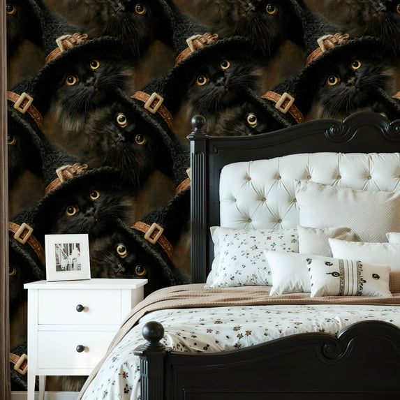 Gothic Peel and Stick Wallpaper Halloween Vintage Gothic Witchy Dark Academia Ghost Black Cat Witch Contact Paper 23.6in x 9.8ft Wallpaper Removable Self Adhesive Wall Paper for Bedroom