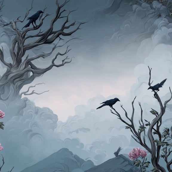 Gothic Peel and Stick Wallpaper Haunting Dark Black Ravens Muted Pink Roses Wall Mural 17.7in x 9.8ft Self Adhesive Removable Wall Paper Renter Friendly Wallpaper for Bedroom Livingroom