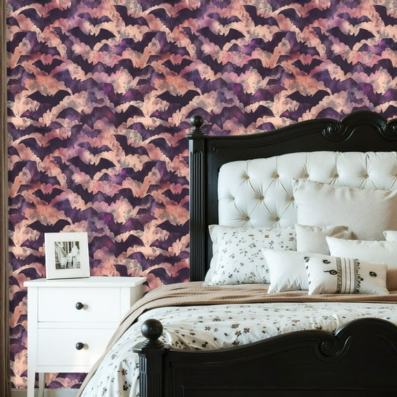 Gothic Peel and Stick Wallpaper Purple Bat Cloudy Watercolor Effect Wall Mural 23.6in x 9.8ft Self Adhesive Removable Wall Paper Renter Friendly Wallpaper for Nursery Bedroom Cabinets