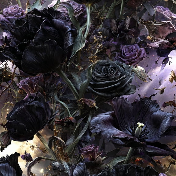 Gothic Peel and Stick Wallpaper Somber Gothic Flower Scene Black Tulips Roses Wall Mural 17.7in x 9.8ft Self Adhesive Removable Wall Paper Renter Friendly Wallpaper for Bedroom Cabinets