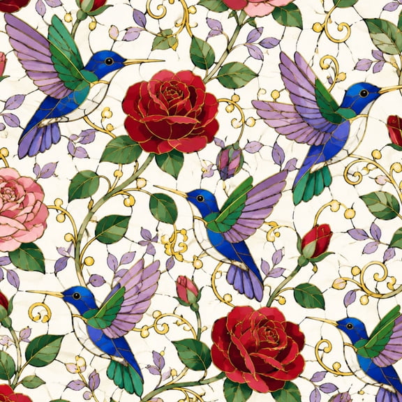 Gothic Peel and Stick Wallpaper Stained Glass Hummingbirds Red Pink Roses Vibrant Floral Art Wall Mural 23.6in x 9.8ft Self Adhesive Removable Wall Paper Renter Friendly Wallpaper for Bedroom