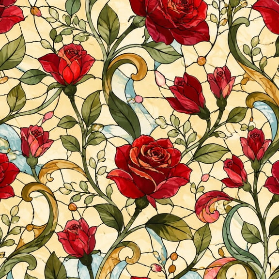 Gothic Peel and Stick Wallpaper Stained Glass Red Roses Green Leaves Floral Design Wall Mural 23.6in x 9.8ft Self Adhesive Removable Wall Paper Renter Friendly Wallpaper for Bedroom