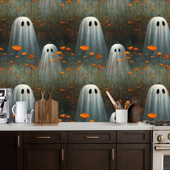 Gothic Peel and Stick Wallpaper Vintage Halloween Ghost Pumpkin Autumn White Ghost Sheet Black Hollow Contact Paper 17.7in x 9.8ft Wallpaper Removable Self Adhesive Wall Paper for Bedroom