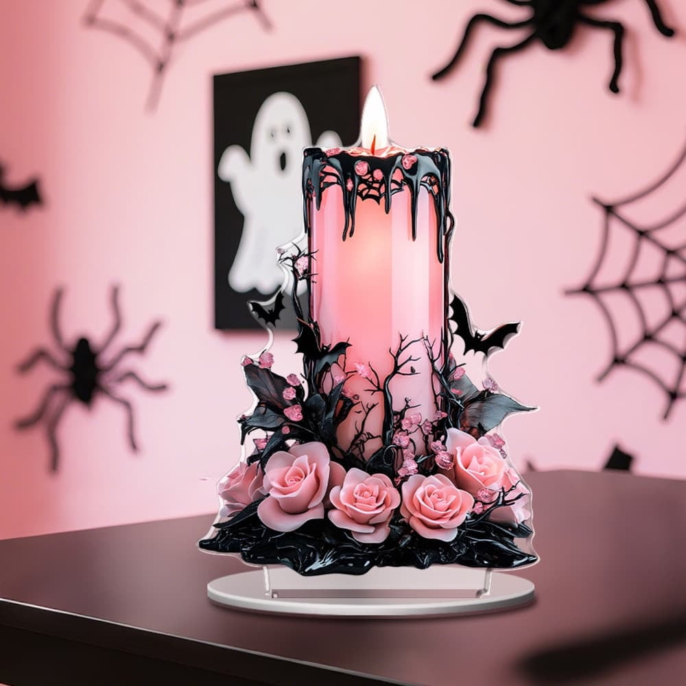 Gothic Pink Rose & Bat Decorative Candle Statue - Spooky Elegant ...