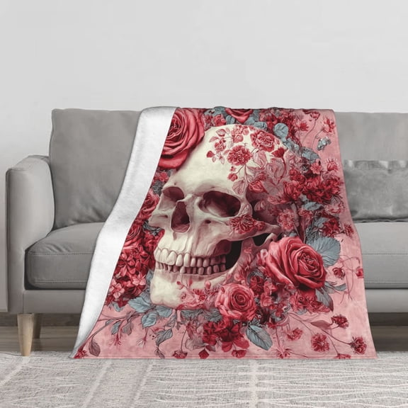Gothic Pink Rose Skull Throw Blanket - Bohemian Black & Pink Floral Skull Design, Soft Polyester All-Season Blanket for Couch Bed Travel, Vintage Digital Print Gift for Women Men