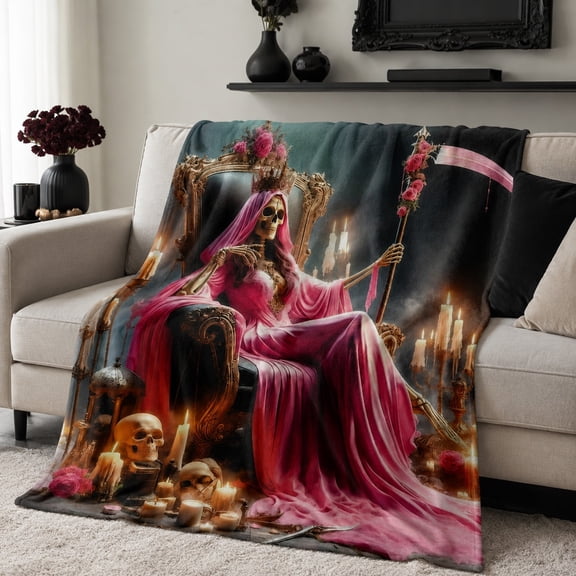 Gothic Pink Skull Reaper Fleece Throw Blanket, Dark Fantasy Cozy Sofa Blanket