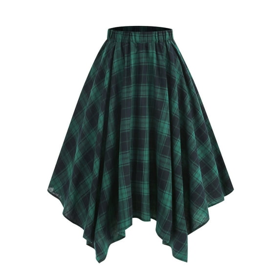 Gothic Plaid Midi Skirt for Women Vintage High Waisted A Line Asymmetrical Lace Up Pleated Skirt