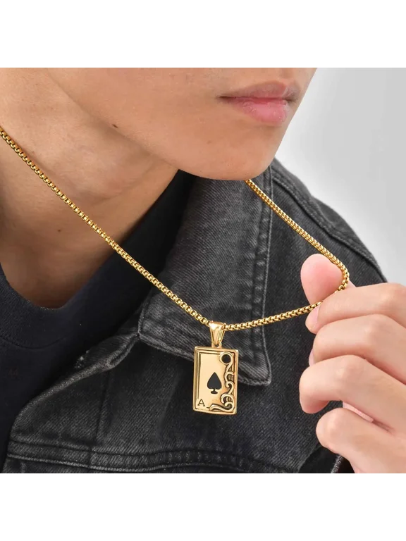 Ace Of Spades Playing Card Pendant Box Chain Necklace For Men Women, 14K Gold Filled Neat Silhouette Modest Contemporary Craft Jewelry
