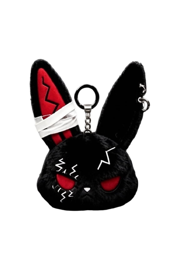 Gothic Plush Rabbit Keychain, Spooky Cute Bunny Bag Charm for Backpack Purse Handbag, 2.7 x 5.5 Inches PP Cotton Halloween Accessory (Black)