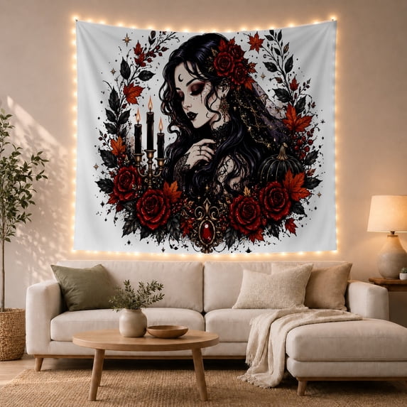 Gothic Portrait Woman with Roses and Candles, Moody Dark Fantasy for Halloween Lovers, Autumnal Gothic Art Decor, Halloween Gift, Tapestry Wall Hanging for Bedroom and Living Room