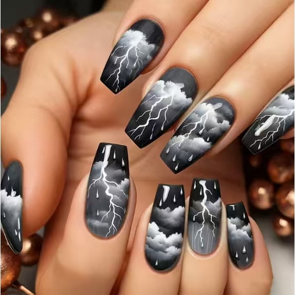 Gothic Press on Nails Long Coffin, Black Gray False Nails with Lightning Cloud Raindrop Print, Glossy Stormy Weather Fake Nails for Party Manicure Decor, 24Pcs