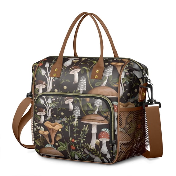 Gothic Psychedelic Insulated Lunch Bag – Leakproof Reusable Cooler Tote with Adjustable Strap Dual Compartment Large Lunch Box Featuring Trippy Boho Mushroom Print