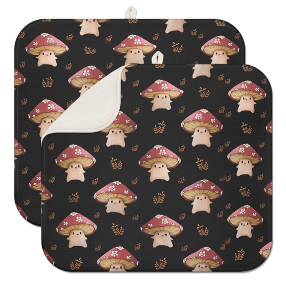 Gothic Psychedelic Mushroom Dish Drying Mat – Trippy Vintage Mushroom and Magical Forest Pattern