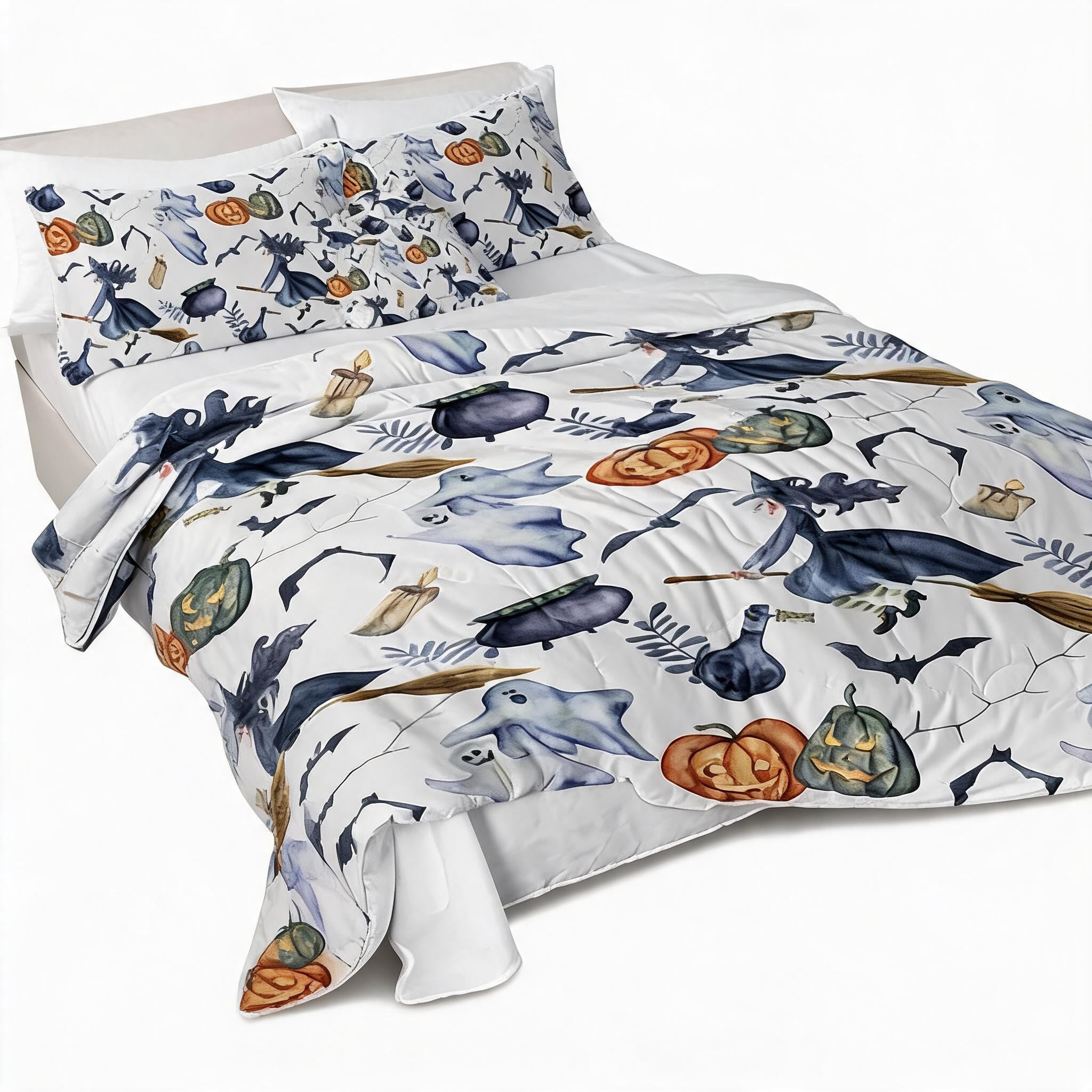8-Piece Halloween Comforter Set Witch Pattern Bed-in-a-Bag with Sheet Shams Cushion Covers