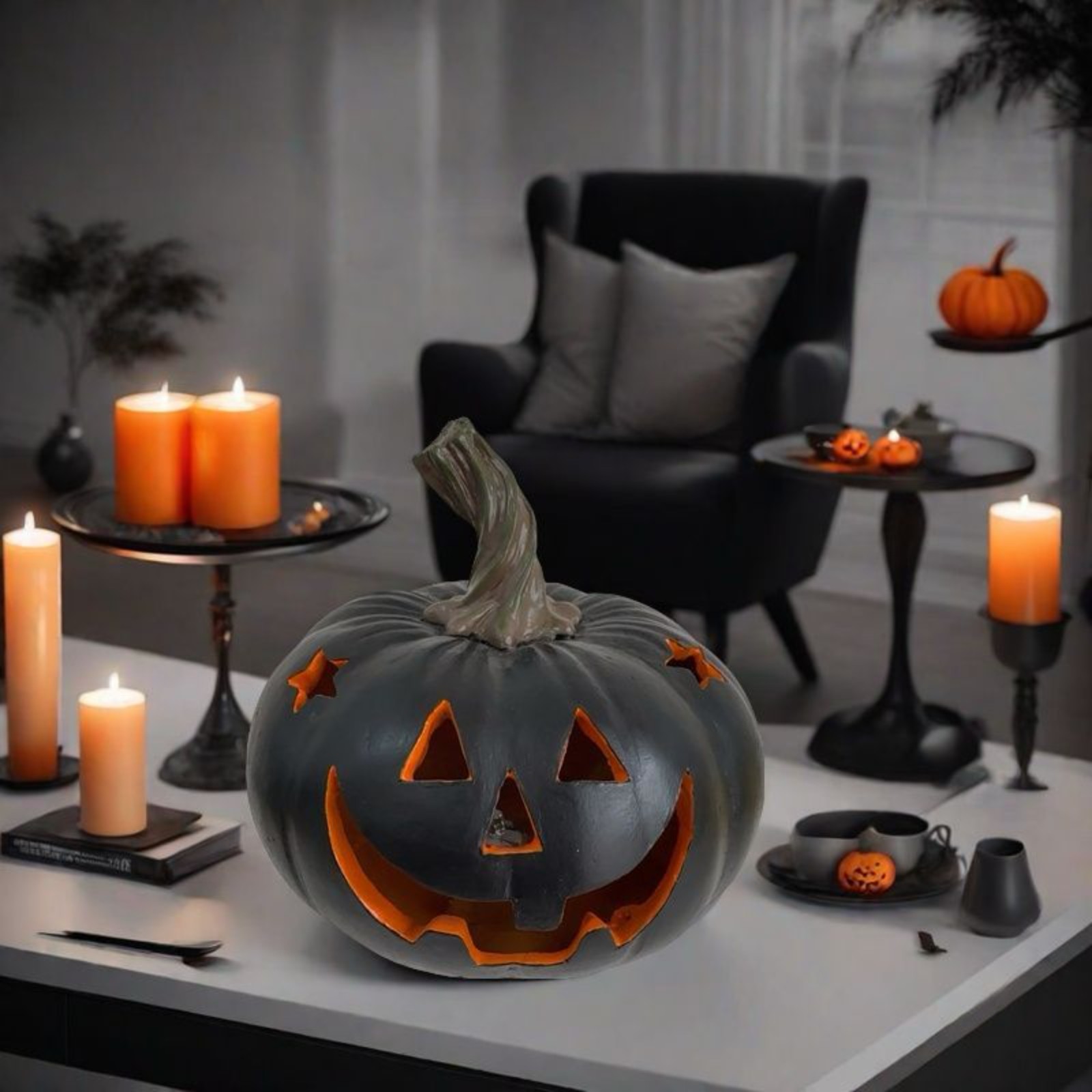 Gothic Pumpkin Halloween Decoration, Black Resin Jack O Lantern Light
