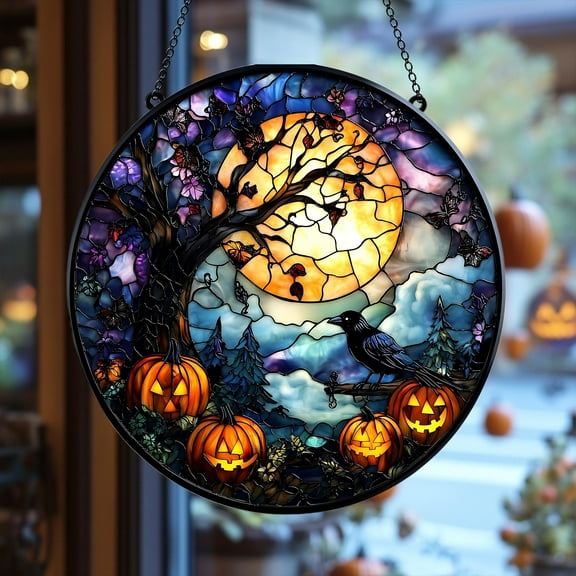 Gothic Pumpkin Raven Stained Glass Window Suncatcher, Twisted Tree Full Moon Faux Stained Glass Halloween Panel Gift For Witchy Porch