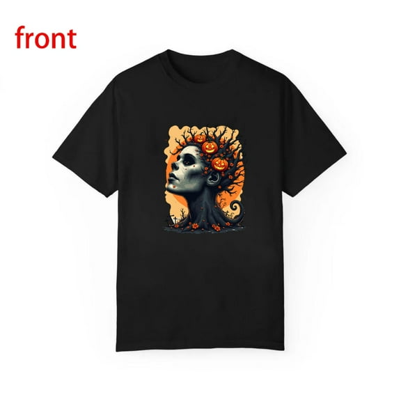 Gothic Pumpkin Tee Crown Branches Graphic Short Sleeve Round Neck Top Comfortable Black S-5XL