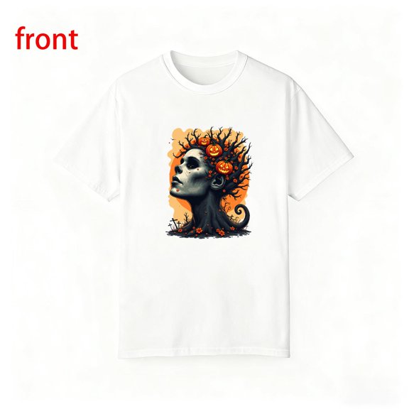 Gothic Pumpkin Tee Crown Branches Graphic Short Sleeve Round Neck Top Comfortable White S-5XL