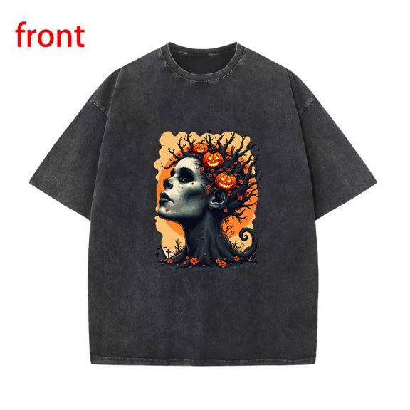 Gothic Pumpkin Tee Crown Branches Graphic Short Sleeve Round Neck Washed Top Black S-2XL Plus Size