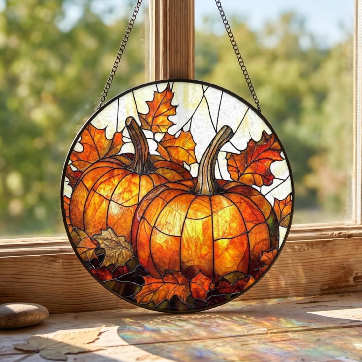 Gothic Pumpkin and Fall Maple Leaf Stained Glass Style Suncatcher ...