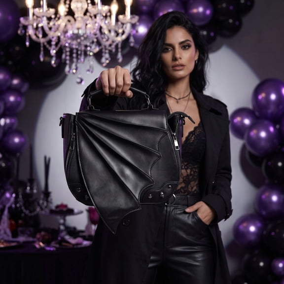 Gothic Punk Bat Wing Satchel Bag, Retro Faux Leather Crossbody Handbag with Metal Rivets for Street Fashion, Multi Pocket Rivet Shoulder Top Handle Purse for Women Halloween Costume Party Daily