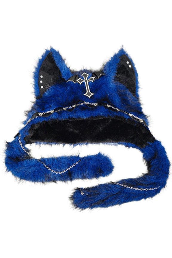 Gothic Punk Cat Ear Hat With Cross Chain Decoration Plush Warm Winter Cap For Alternative Women Y2K Festival