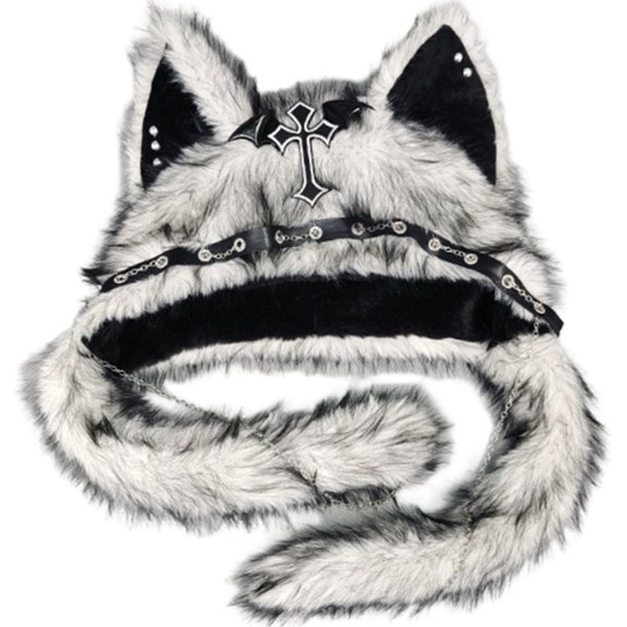 vlrwzc Gothic Punk Cat Ear Hat With Cross Chain Decoration Plush Warm Winter Cap For Alternative Y2K Festival